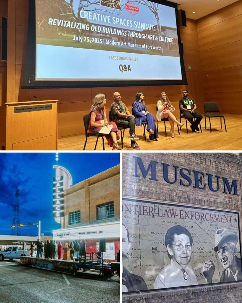 panel on stage indoors and outdoors along with image of Frontier Law Enforcement mural on brick facade of museum.