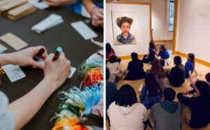 Closeup view of hands writing on cards next to a small audience sitting on the floor of a museum during a presentation.