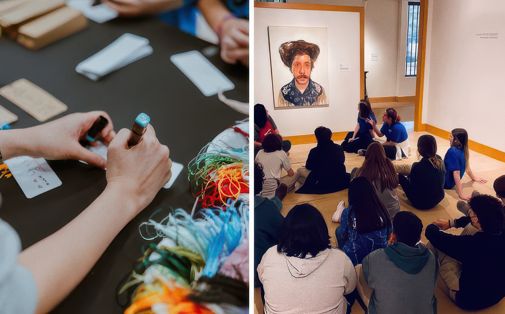 Closeup view of hands writing on cards next to a small audience sitting on the floor of a museum during a presentation.