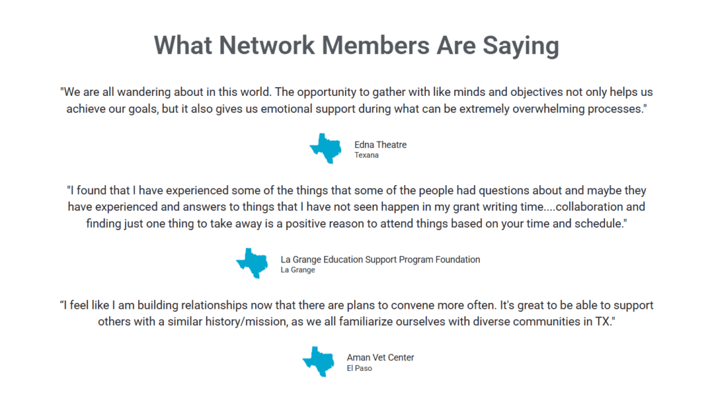 What Network Members Are Saying
Testimonial 1:
"We are all wandering about in this world. The opportunity to gather with like minds and objectives not only helps us achieve our goals, but it also gives us emotional support during what can be extremely overwhelming processes."
— Edna Theatre, Texana
Testimonial 2:
"I found that I have experienced some of the things that some of the people had questions about and maybe they have experienced and answers to things that I have not seen happen in my grant writing time….collaboration and finding just one thing to take away is a positive reason to attend things based on your time and schedule."
— La Grange Education Support Program Foundation, La Grange
Testimonial 3:
"I feel like I am building relationships now that there are plans to convene more often. It's great to be able to support others with a similar history/mission, as we all familiarize ourselves with diverse communities in TX."
— Aman Vet Center, El Paso